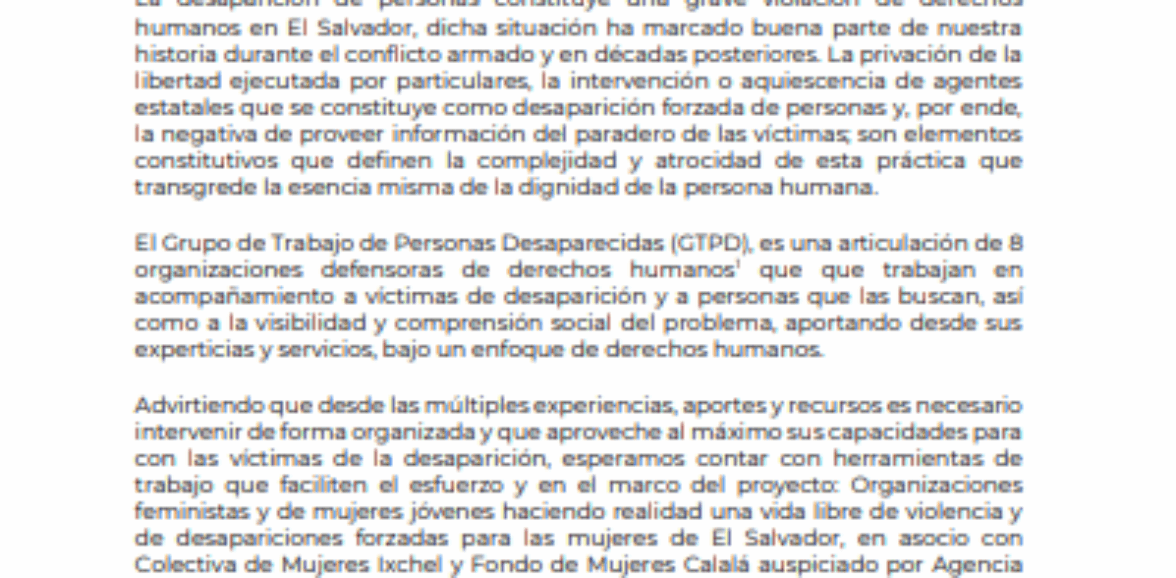TDR – ASISTENCIA TÉCNICA PARA ELABORACIÓN DE RUTA DE INTERVENCIÓN DE GRUPO DE TRABAJO DE PERSONAS DESAPARECIDAS DE EL SALVADOR.
