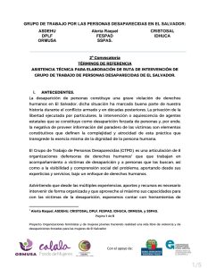Lee más sobre el artículo TDR-Asistencia técnica para elaboración de la ruta de intervención de grupo  de trabajo de personas desaparecidas de El Salvador