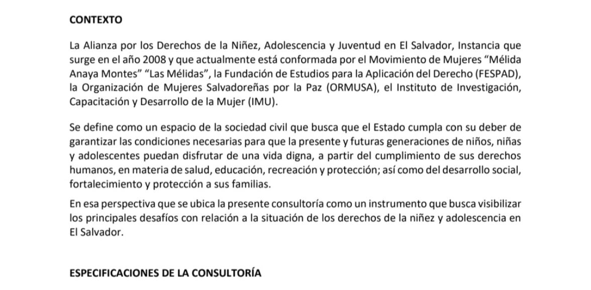 TDR -«Consultoría para la formulación de un “Balance de la situación de los Derechos de la Niñez, Adolescencia y Juventud. El Salvador 2021 – primer trimestre 2022»
