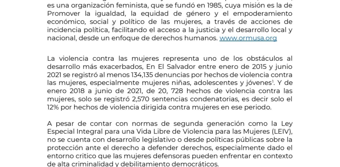 Consultoría para elaboración de estudio sobre situación actual de las mujeres como defensoras de derechos humanos en El Salvador