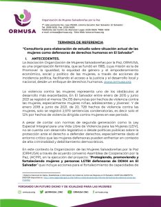 Lee más sobre el artículo Consultoría para elaboración de estudio sobre situación actual de las mujeres como defensoras de derechos humanos en El Salvador