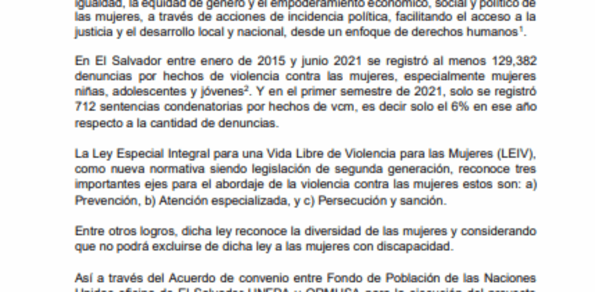 CONSULTORIA PARA REVISIÓN Y ADAPTACIÓN DE SERVICIOS ESCENCIALES PARA MUJERES CON DISCAPACIDAD EN SITUACIÒN DE VIOLENCIA