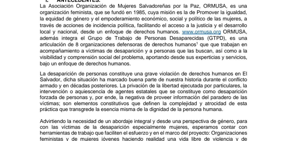 ASISTENCIA TÉCNICA PARA ESTUDIO SOBRE NORMAS Y PROCESOS PARABUSQUEDA DE PERSONAS DESAPARECIDAS ESPECIALMENTE MUJERES, NIÑEZY ADOLESCENCIA Y POBLACIÓN LGBTIQ+ EN EL SALVADOR