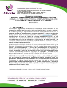 Lee más sobre el artículo ASISTENCIA TÉCNICA PARA ESTUDIO SOBRE NORMAS Y PROCESOS PARA<br>BUSQUEDA DE PERSONAS DESAPARECIDAS ESPECIALMENTE MUJERES, NIÑEZ<br>Y ADOLESCENCIA Y POBLACIÓN LGBTIQ+ EN EL SALVADOR