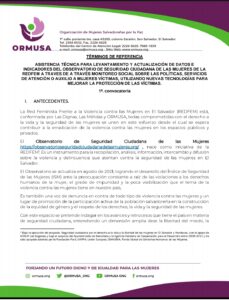Lee más sobre el artículo Asistencia técnica para levantamiento y actualización de datos e indicadores del observatorio de seguridad ciudadana de las mujeres de la REDFEM a través de monitoreos social sobre políticas, servicios, de atención o auxilio a mujeres víctimas, utilizando nuevas tecnologías para mejorar la protección de las víctimas