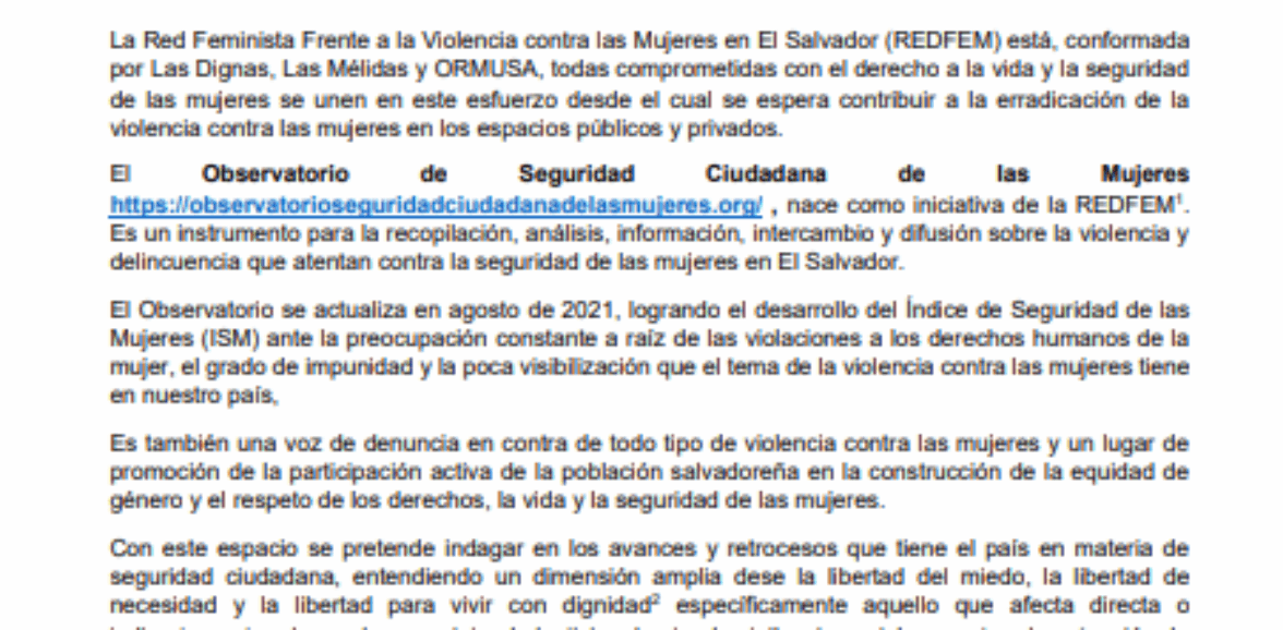 CONSULTORÍA: CONSTRUCCIÓN DE INDICADORES Y LEVANTAMIENTO DE DATOS PARA 6AÑOS DE BIENESTAR Y ACCESO A LA JUSTICIA DE OBSERVATORIO DE SEGURIDADCIUDADANA DE LAS MUJERES DE LA REDFEM, Y DISEÑO Y PRESENTACIÓN EN SITIO WEB