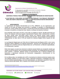 Lee más sobre el artÃculo ASISTENCIA TÉCNICA PARA EDICIÃ’N, DIAGRAMACIÃ’N E IMPRESIÓN DE INVESTIGACIÓN SOBRE LA CULTURA DE LA VIOLACIÓN, FACTORES ESTRUCTURALES Y CULTURALES. PROPUESTA PARA UNA NUEVA ARQUITECTURA PARA LA CONSTRUCCIÓN DE NUEVOS IMAGINARIOS SOCIALES. 1ª. CONVOCATORIA