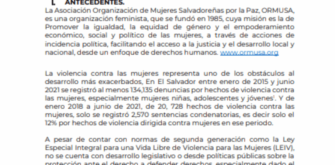 Consultoría para elaboración de estudio sobre situación actual de las mujeres como defensoras de derechos humanos en El Salvador