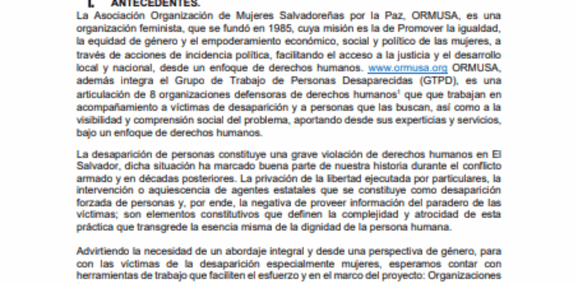 Asistencia técnica para estudio sobre normas y procesos para búsqueda de personas desparecidas especialmente mujeres, niñez y adolescencia y población LGBTIQ+ en El Salvador