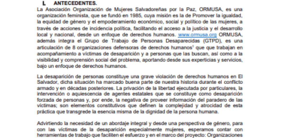 Asistencia técnica para estudio sobre normas y procesos para búsqueda de personas desaparecidas especialmente mujeres, niñez y adolescencia y población LGTBIQ+ en El Salvador