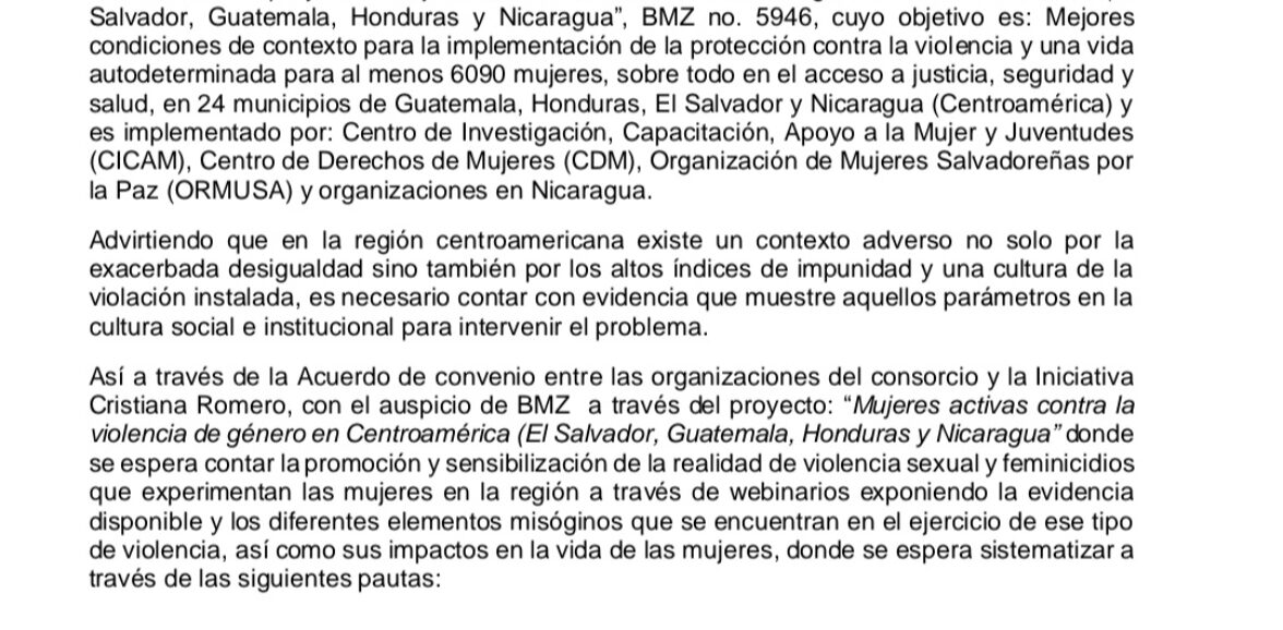 Asistencia técnica Servicios profesionales para documentar webinarios sobre  violencia sexual y feminicidios en Guatemala, El Salvador, Honduras y Nicaragua