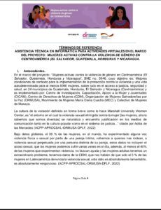Lee más sobre el artículo Asistencia técnica en informática  para actividades virtuales en el marco del proyecto: Mujeres activas contra la violencia de género en Centroamérica   (El Salvador, Guatemala, Honduras y Nicargaua).