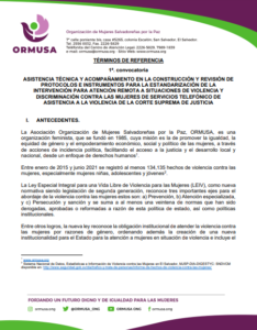 Lee más sobre el artículo 1°- Convocatoria – Asistencia técnica y acompañamiento en la construcción y revisión de protocolos e instrumentos para la estandarización de la intervención para la atención remota a situaciones de violencia y discriminación contra las mujeres de servicios telefónicos de asistencia a la violencia de la Corte Suprema de Justicia