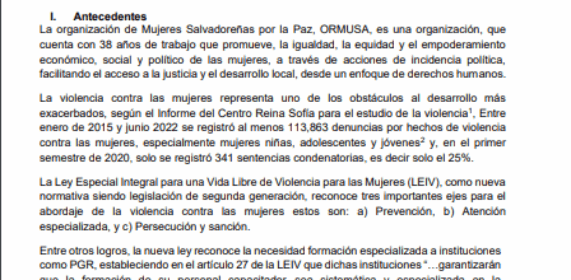 Asistencia técnica para facilitación de curso de formación especializada a personal de Procuraduría General de la Republica de El Salvador 1ª. convocatoria