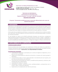 Lee más sobre el artículo Contratación de Psicológica: Espacio de apoyo “A tu lado” sede San Salvador – Segunda Convocatoria