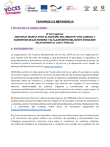 Lee más sobre el artículo Asistencia técnica para el rediseño del Observatorio laboral y económico de las mujeres y el alojamiento del nuevo indicador relacionado al gasto publico, 2 Convocatoria